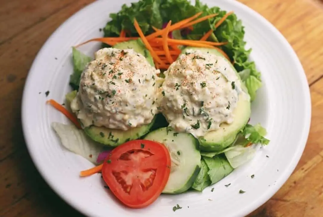 Two scoops of chicken salad over greens with tomato and cucumber