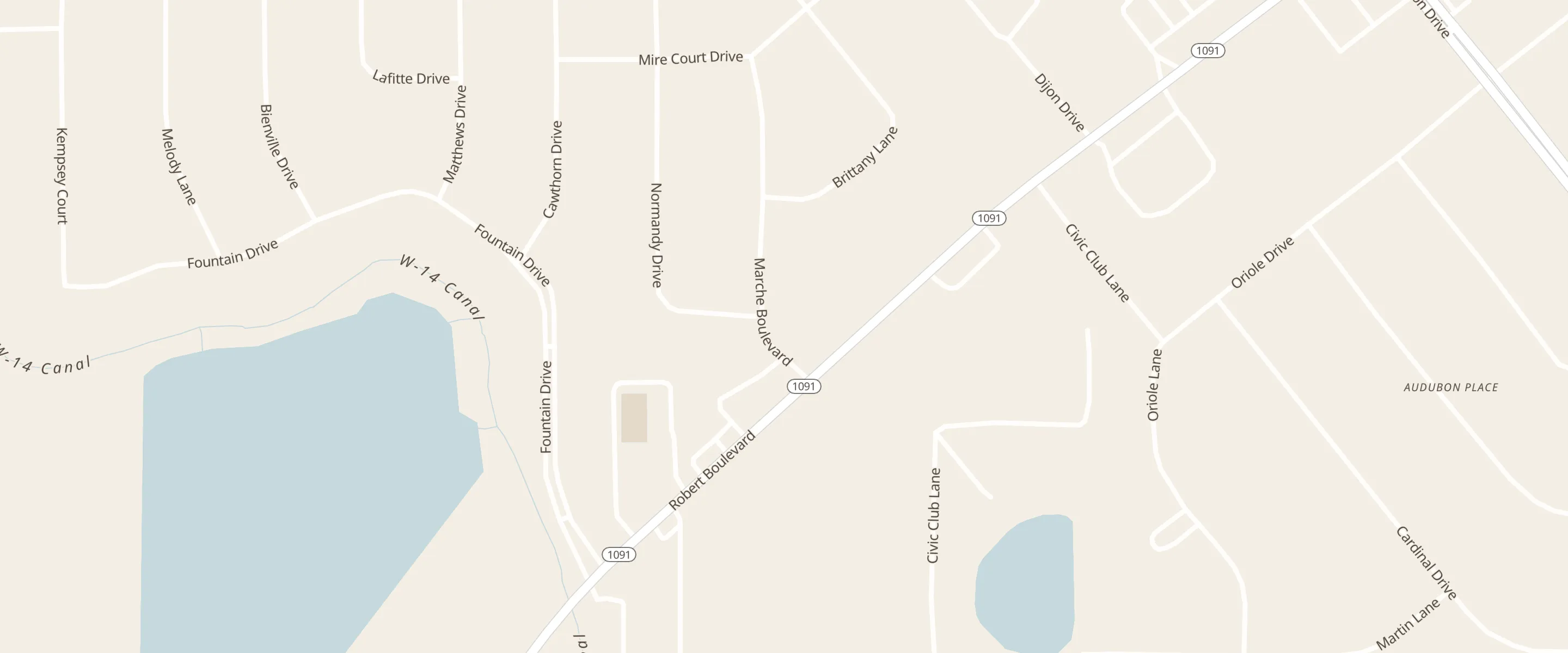 Street map of Slidell with T LeBlanc's marked at Robert Blvd and Marche Blvd